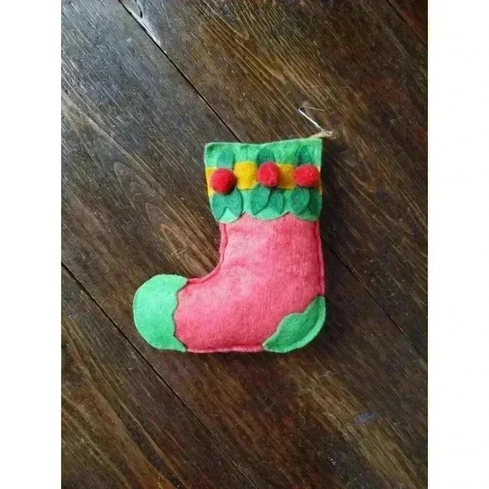 Four Vintage Felt Christmas Ornaments | Santa Stocking Angel Snowman | 60s Decor